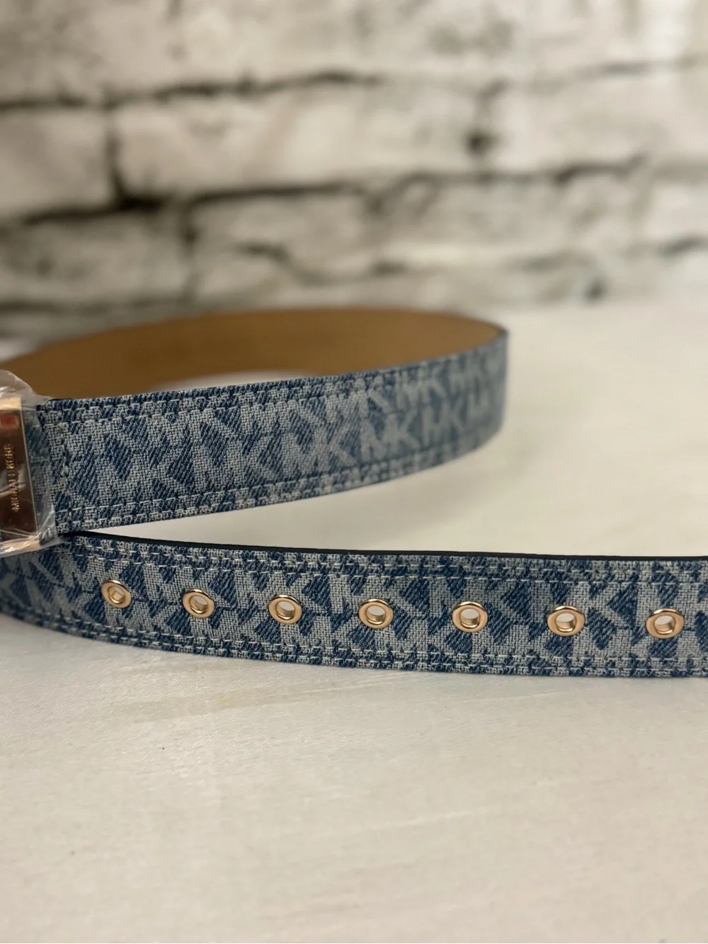 Michael Kors Men's Denim Blue MK Logo Belt with Gold Hardware M 40”